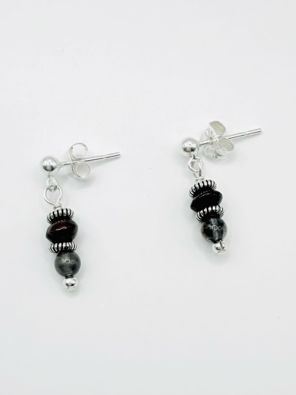 Garnet, Green Tourmaline Semi-Precious Bali Bead Sterling Silver Earrings